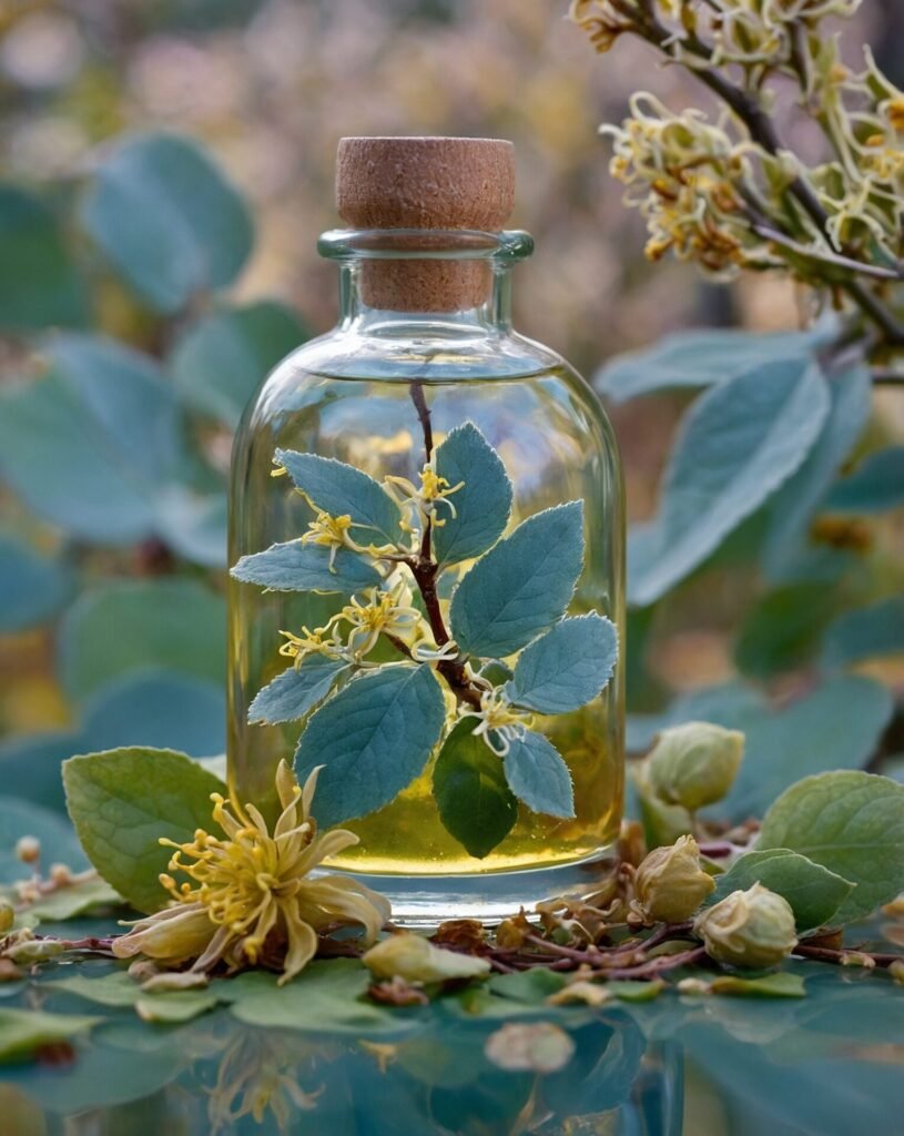 A vintage glass bottle containing yellow witch hazel extract, with fresh witch hazel branches, leaves, and flowers arranged naturally against a soft, blurred botanical background.